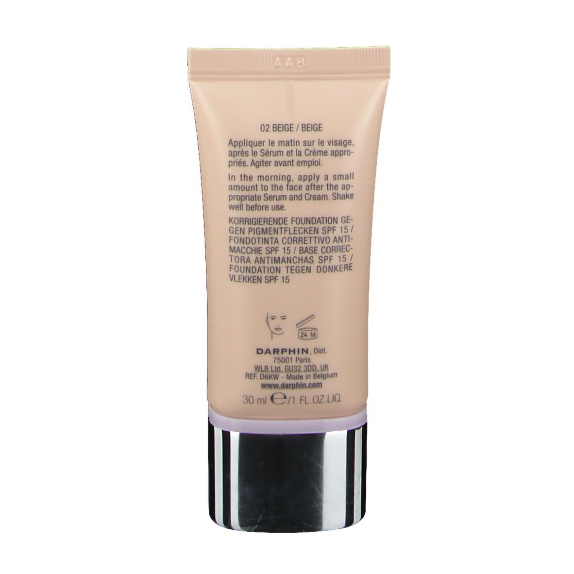 Dos du tube. Texte: 02 Beige/Beige. Instructions en plusieurs langues. Logo Darphin. 30 ml.