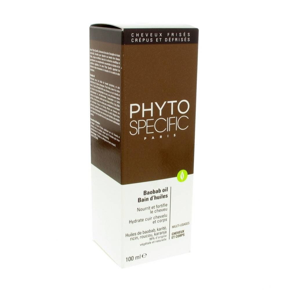 Emballage en carton PHYTOSPECIFIC. Couleurs marron et blanc. Texte en français. Contient de l'huile de baobab pour cheveux et corps.