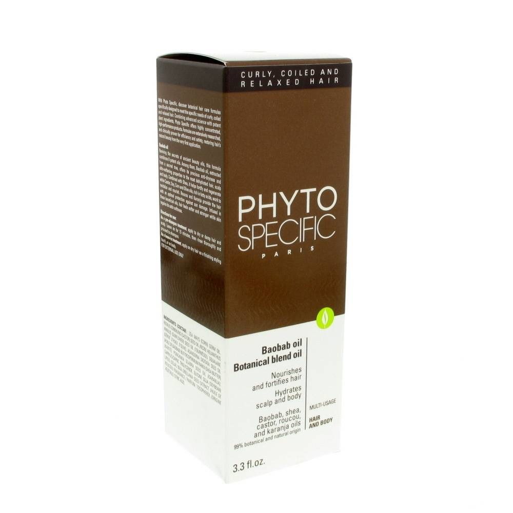 Emballage en carton PHYTOSPECIFIC. Couleurs marron et blanc. Texte en français. Contient de l'huile de baobab pour cheveux et corps.