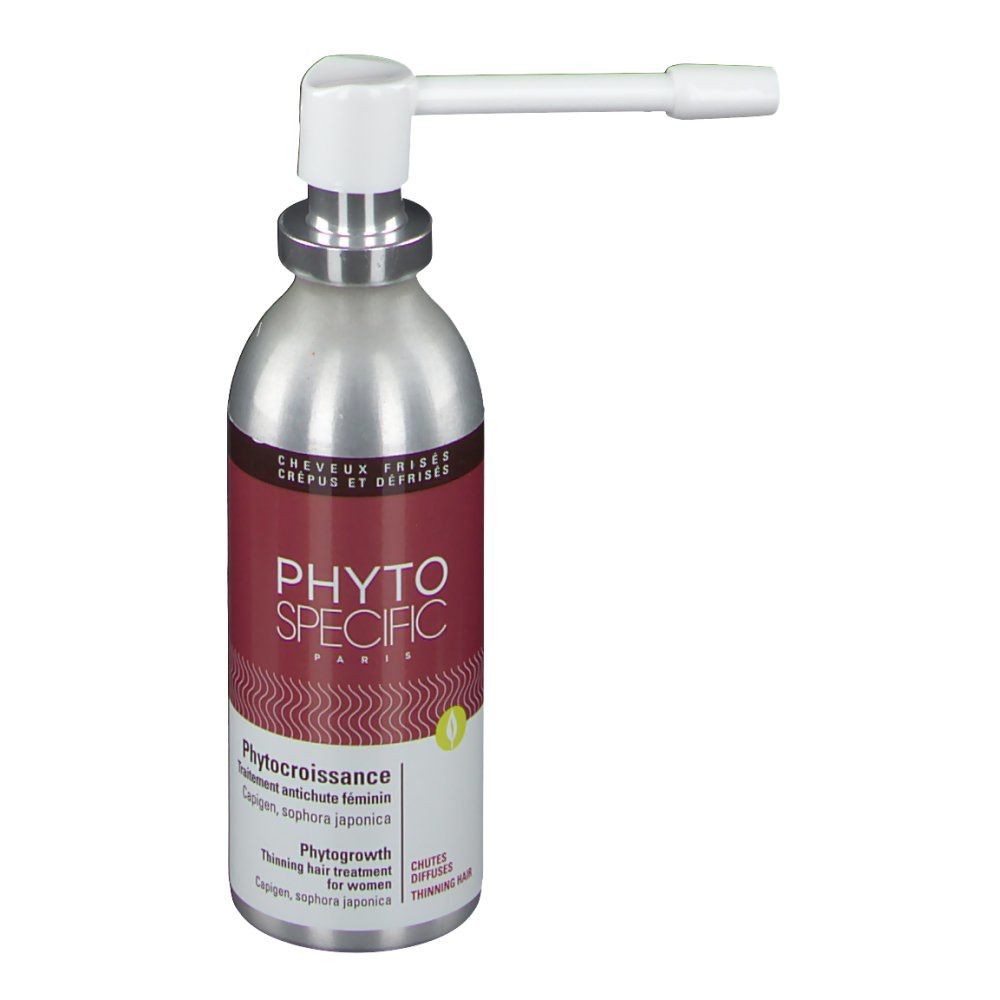 Flacon spray argenté avec applicateur blanc. Inscriptions: PHYTOSPECIFIC, Phytocroissance, pour cheveux clairsemés.