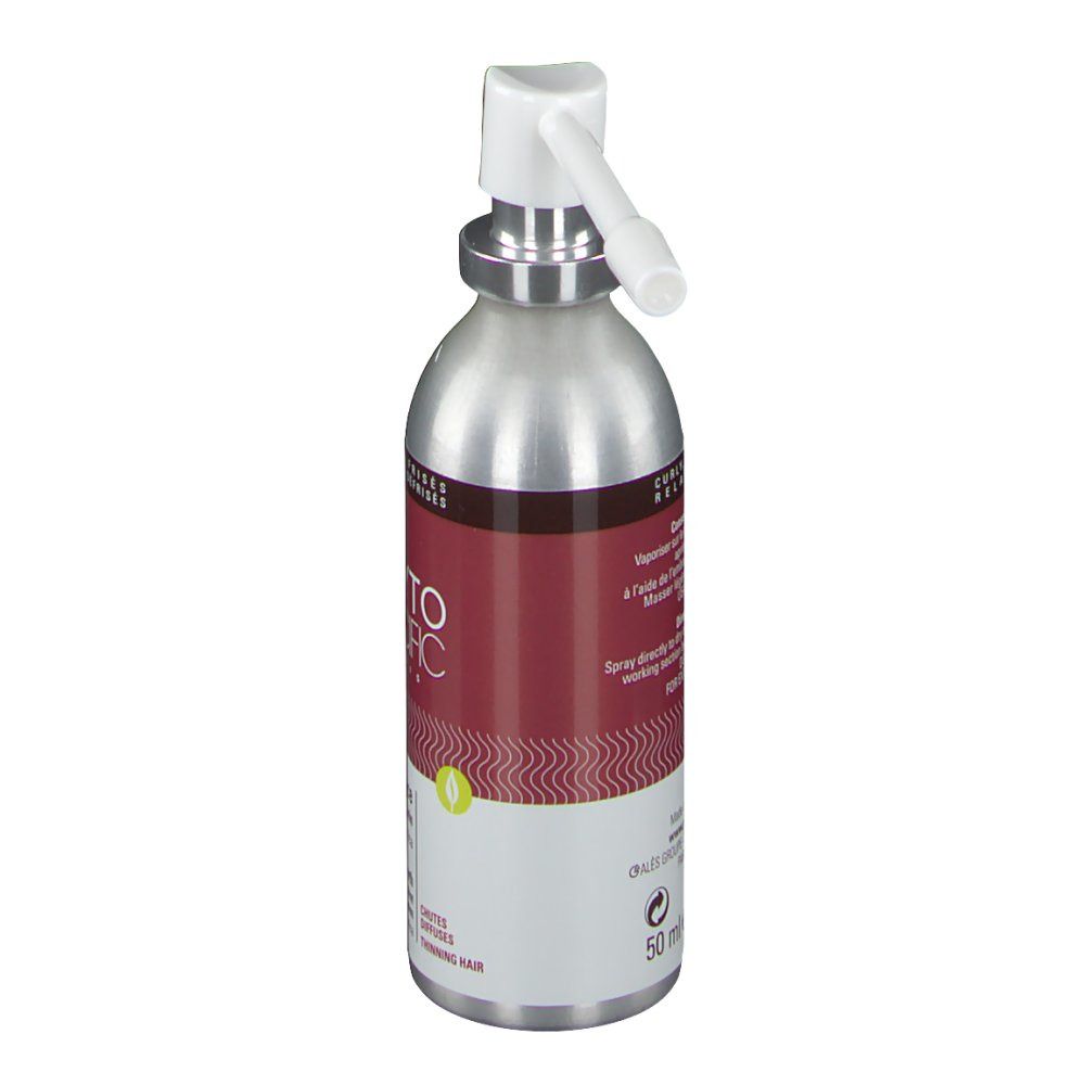 Flacon spray argenté avec applicateur blanc. Inscriptions: PHYTOSPECIFIC, Phytocroissance, pour cheveux clairsemés.