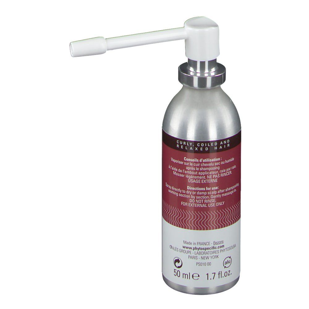 Flacon spray argenté avec applicateur blanc. Inscriptions: PHYTOSPECIFIC, Phytocroissance, pour cheveux bouclés.