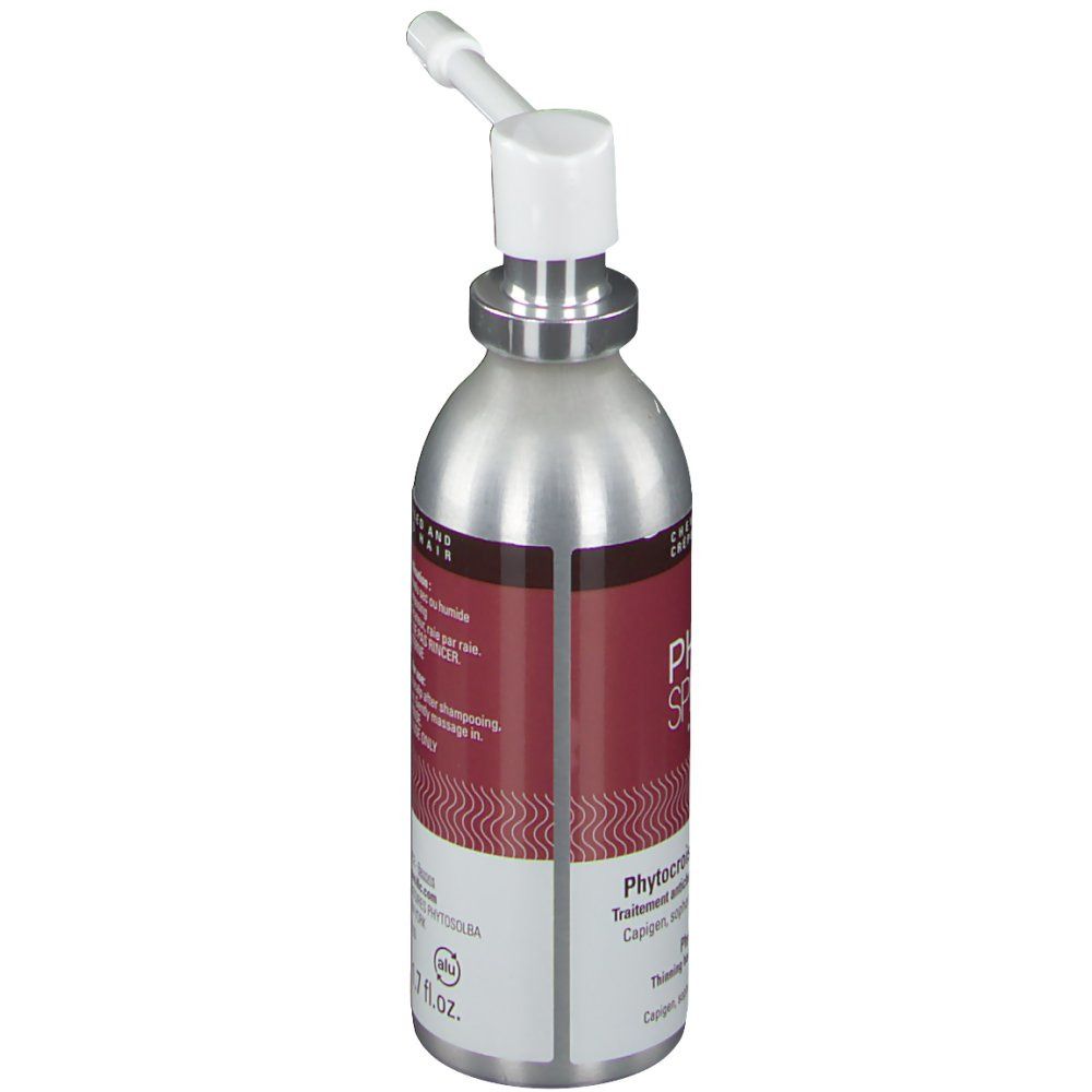 Flacon spray argenté avec applicateur blanc. Inscriptions: PHYTOSPECIFIC, Phytocroissance, pour cheveux clairsemés.