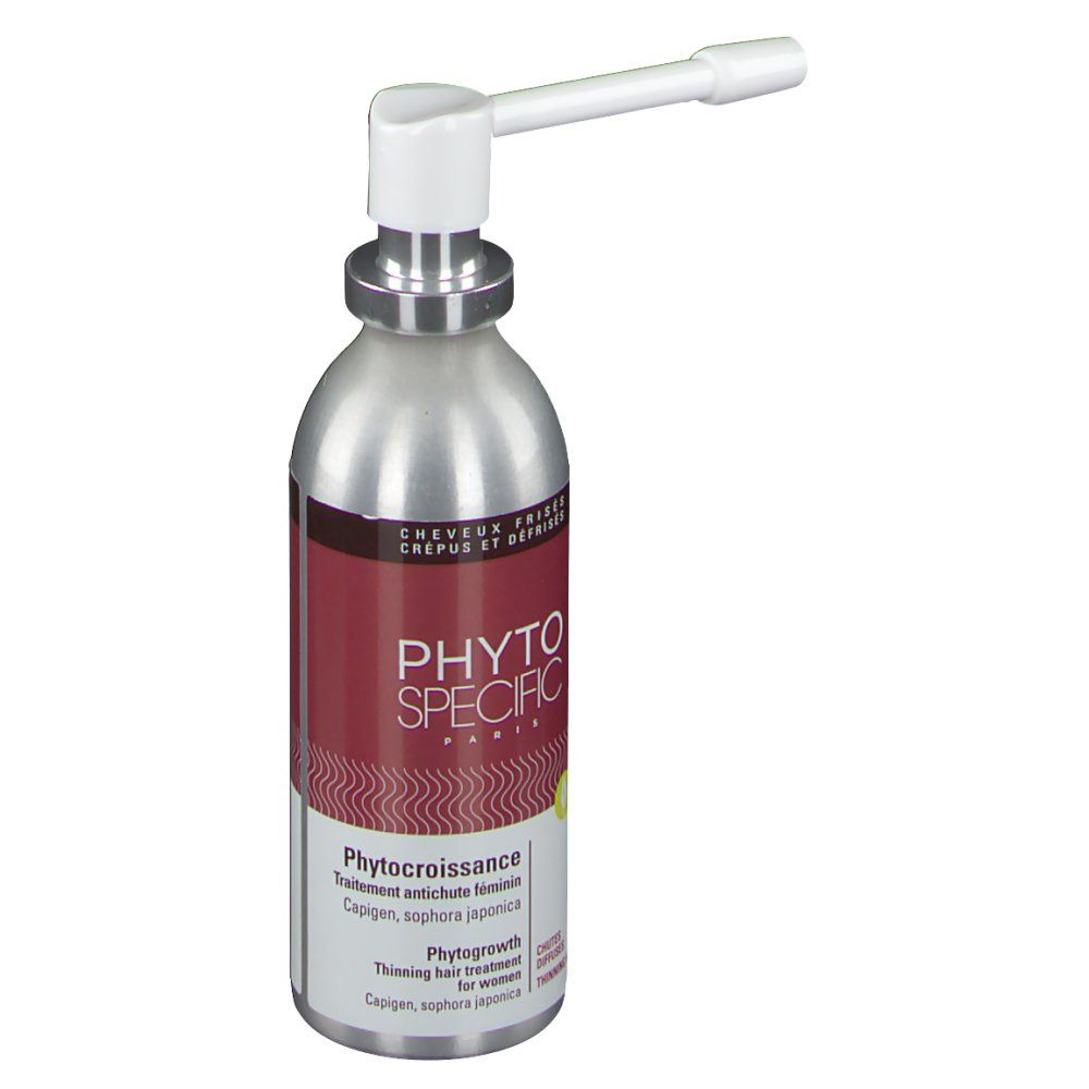 Flacon spray argenté avec applicateur blanc. Inscriptions: PHYTOSPECIFIC, Phytocroissance, pour cheveux clairsemés.