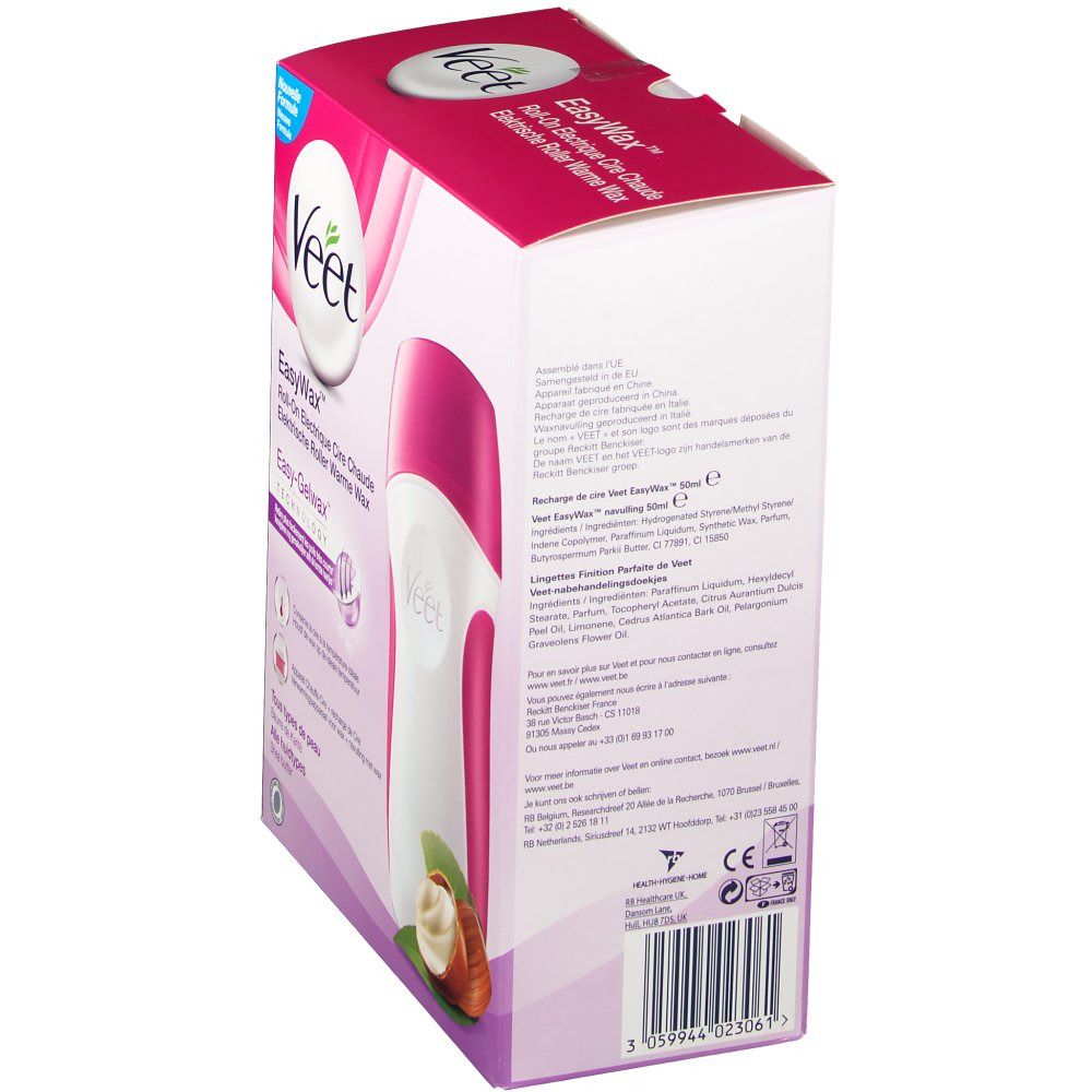 Vue arrière de la boîte Veet EasyWax. Roll-on rose et blanc illustré. Texte et informations sur l'emballage.