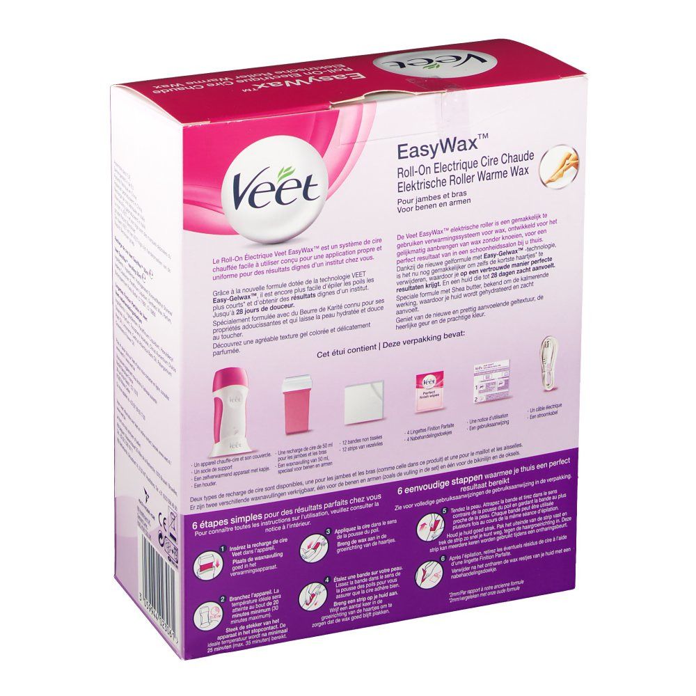 Vue arrière de la boîte Veet EasyWax. Roll-on rose et blanc illustré. Six étapes d'utilisation.