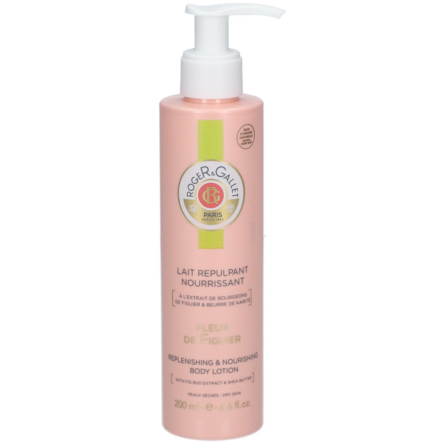 Flacon rose avec pompe blanche. Étiquette avec logo et nom du produit : Lait Repulpant Nourrissant.