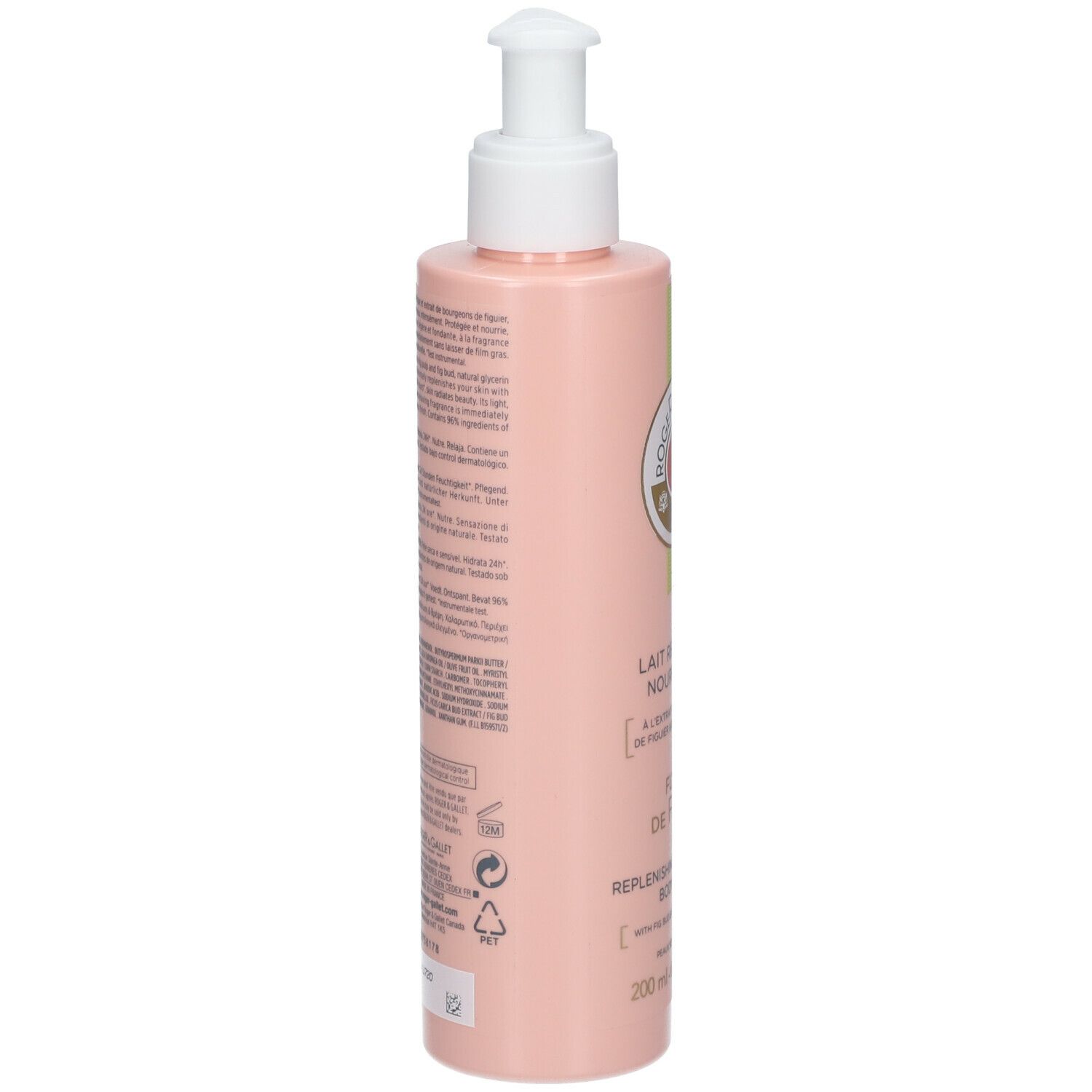 Flacon rose avec pompe blanche. Dos avec texte et logos. Nom du produit : Lait Repulpant Nourrissant.