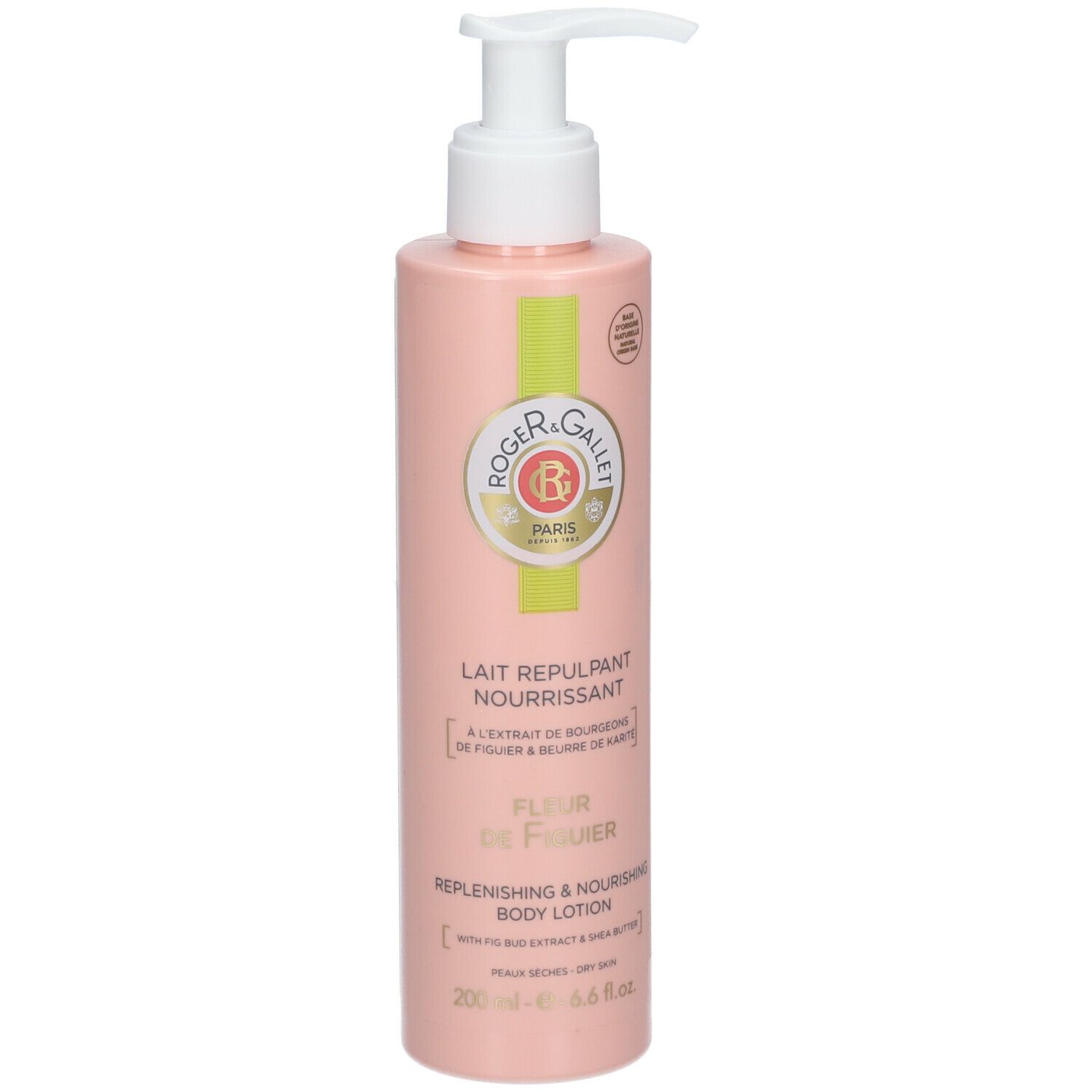 Flacon rose avec pompe blanche. Étiquette avec logo et nom du produit : Lait Repulpant Nourrissant.