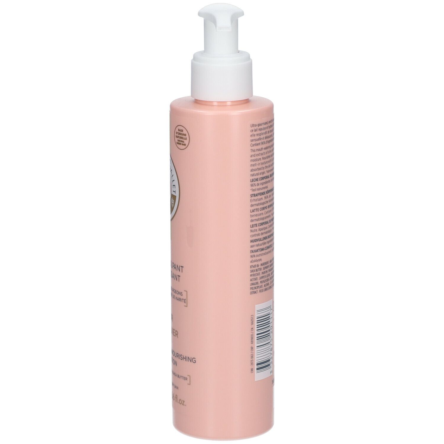 Flacon rose avec pompe blanche. Étiquette avec logo et nom du produit : Lait Repulpant Nourrissant.