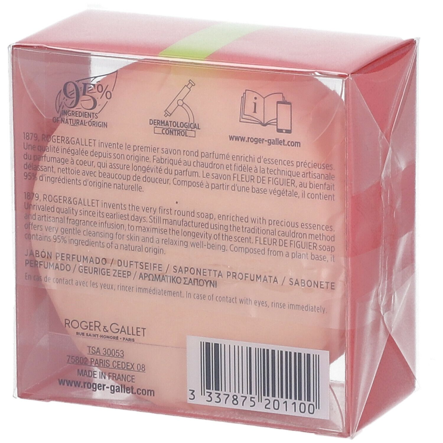 Dos de l'emballage du savon. Texte: 95% ingrédients naturels, contrôle dermatologique. Code-barres et texte.