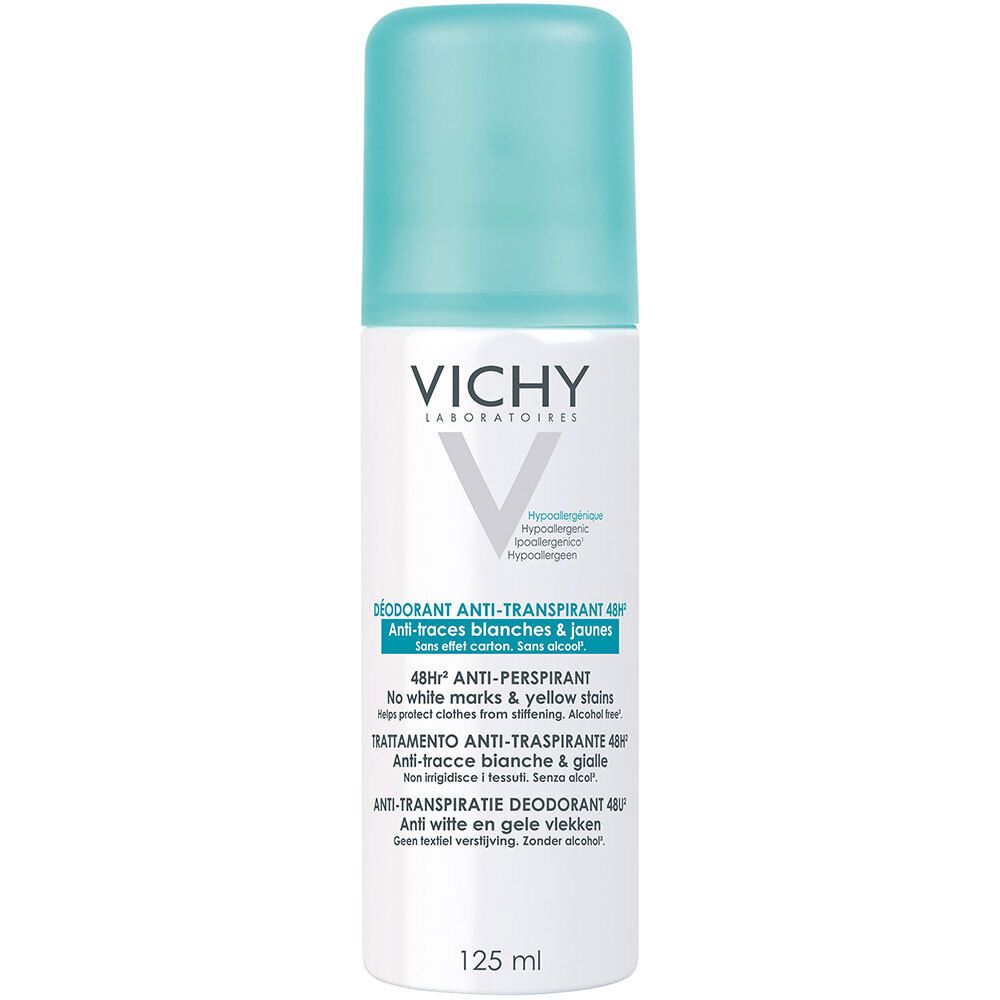 Déodorant roll-on blanc et bleu clair. Inscriptions multilingues : VICHY, Déodorant Anti-Transpirant 48h, sans traces.