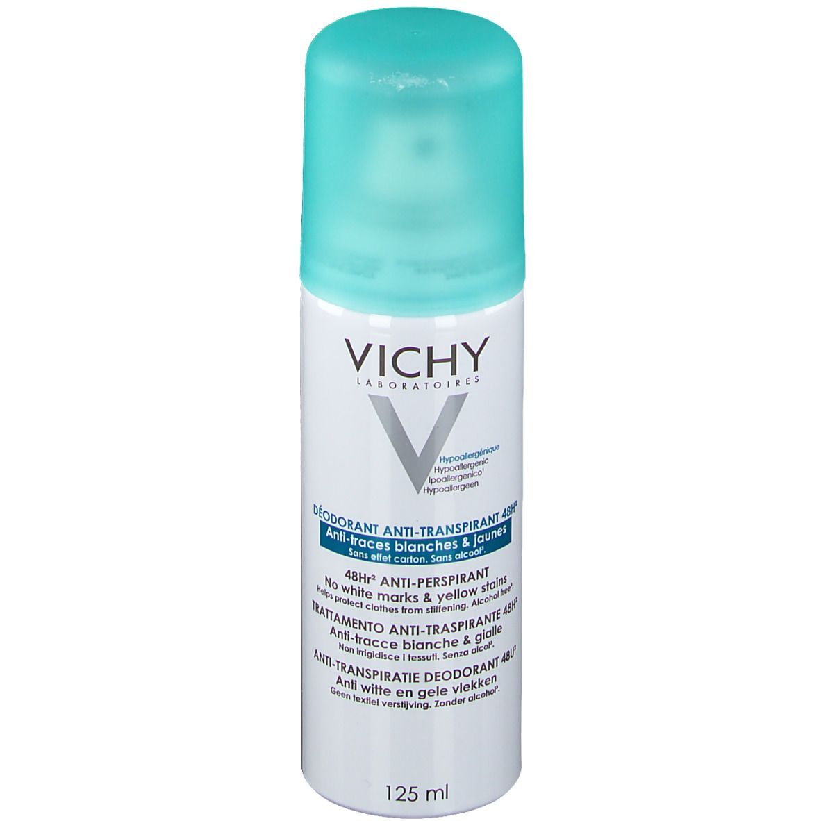 Déodorant roll-on blanc et bleu clair. Inscriptions multilingues : VICHY, Déodorant Anti-Transpirant 48h, sans traces.