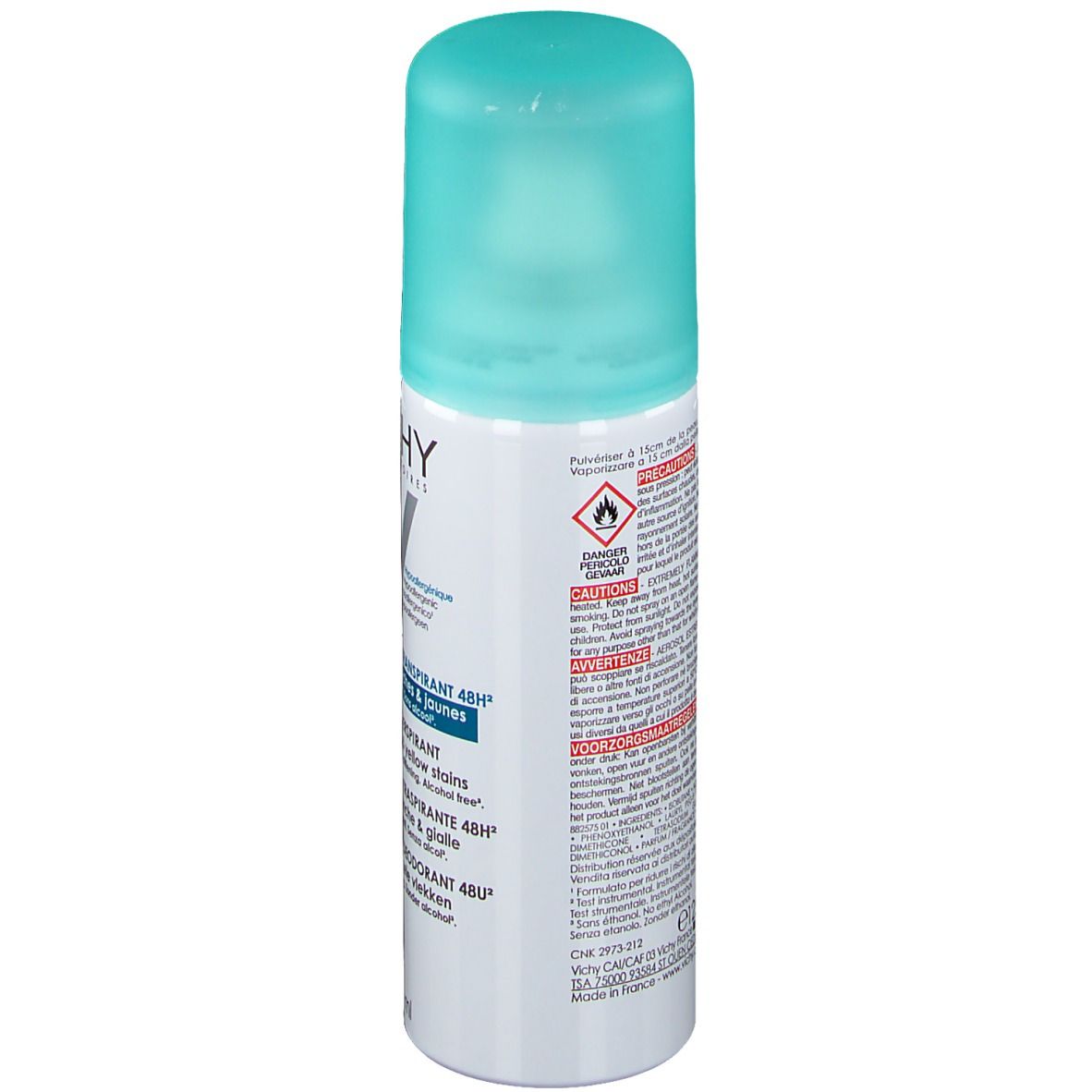 Dos du déodorant roll-on. Inscriptions : VICHY, Déodorant Anti-Transpirant 48h. Informations de sécurité et ingrédients.