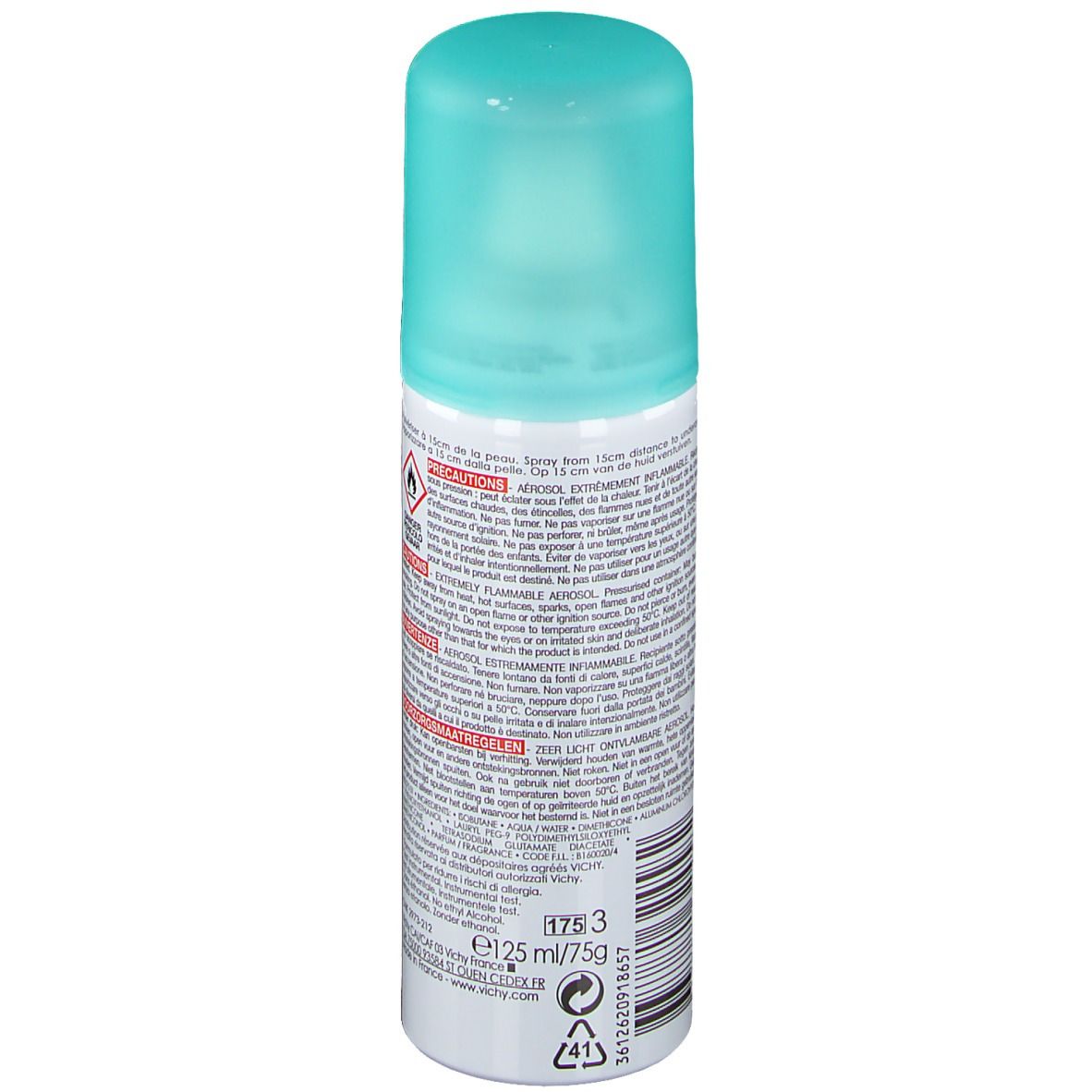 Dos du déodorant roll-on. Inscriptions : VICHY, Déodorant Anti-Transpirant 48h. Informations de sécurité et ingrédients.