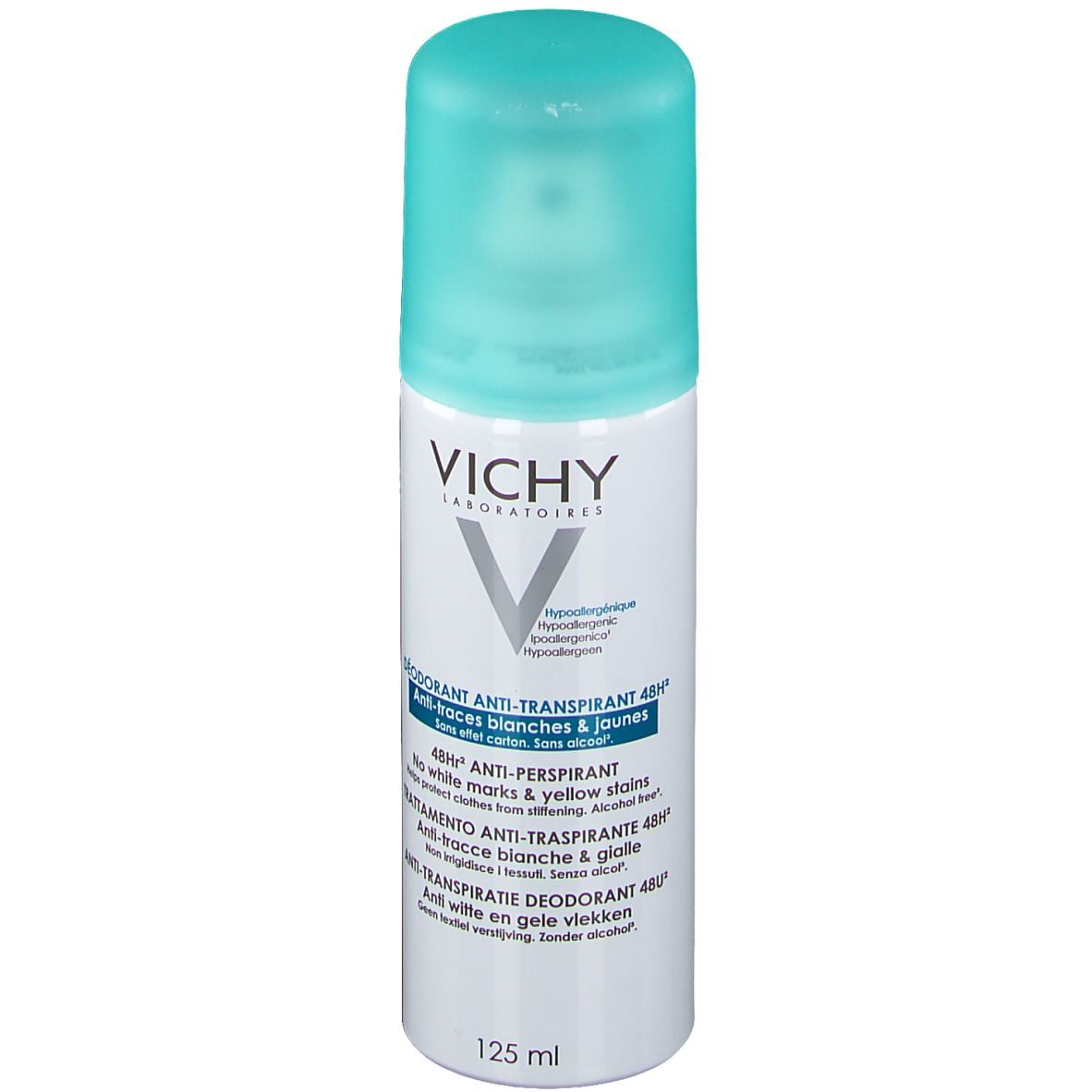 Déodorant roll-on blanc et bleu clair. Inscriptions multilingues : VICHY, Déodorant Anti-Transpirant 48h, sans traces.