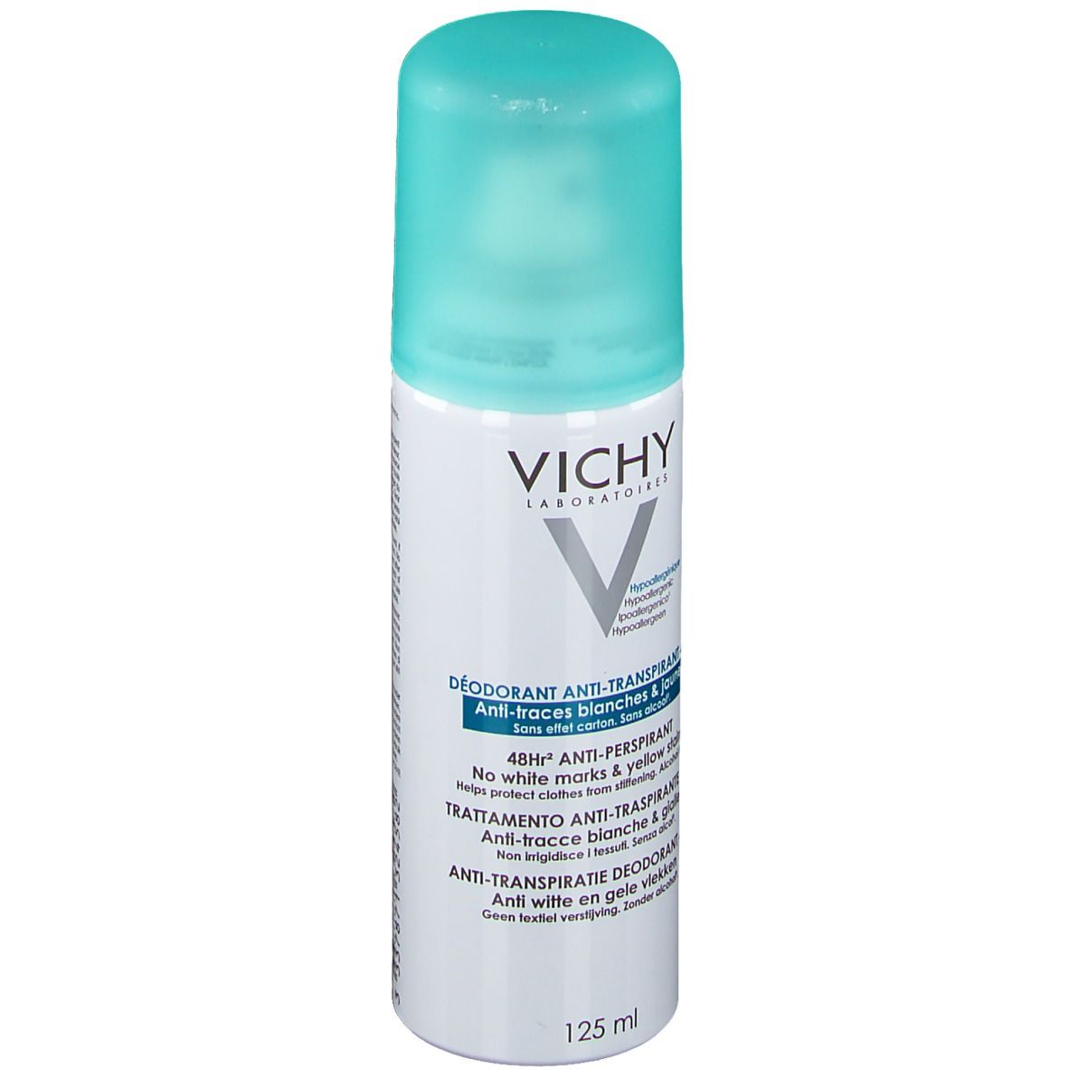 Déodorant roll-on blanc et bleu clair. Inscriptions multilingues : VICHY, Déodorant Anti-Transpirant 48h, sans traces.