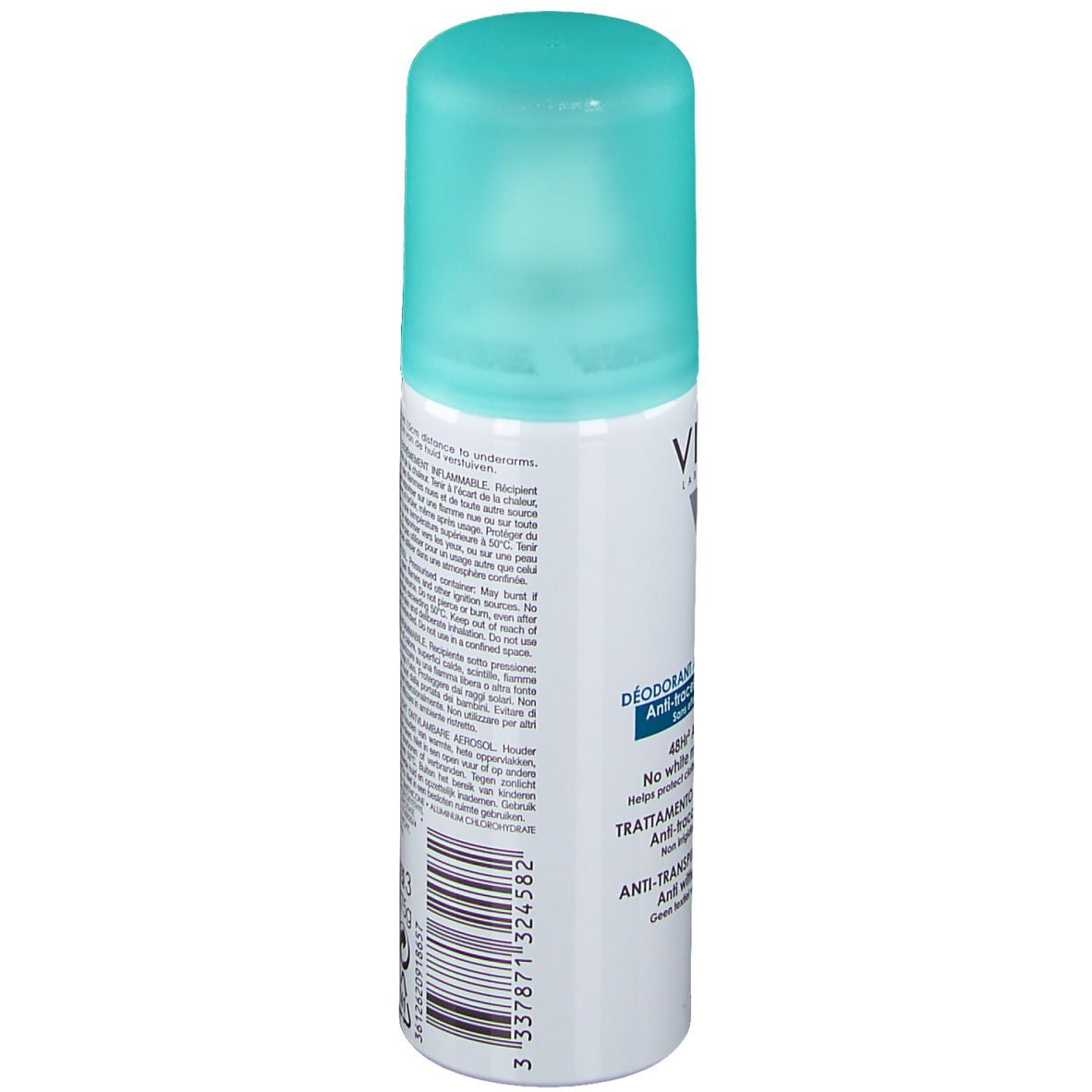 Dos du déodorant roll-on. Inscriptions : VICHY, Déodorant Anti-Transpirant 48h. Informations de sécurité et ingrédients.