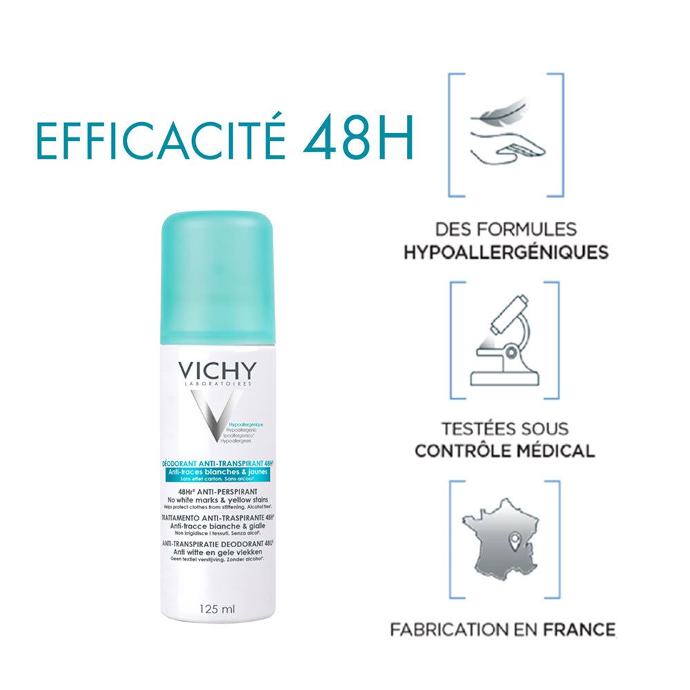 Déodorant roll-on avec informations sur l'efficacité 48h, formules hypoallergéniques et testées sous contrôle médical.
