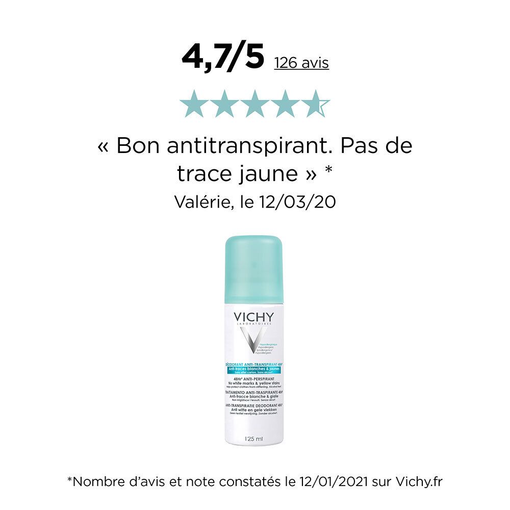 Déodorant roll-on avec avis client : « Bon antitranspirant. Pas de trace jaune ». Évaluation 4,7/5.