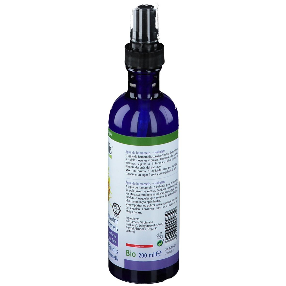Achterkant van de blauwe fles. Meertalige tekst. Bio-certificering. Volume: 200 ml.