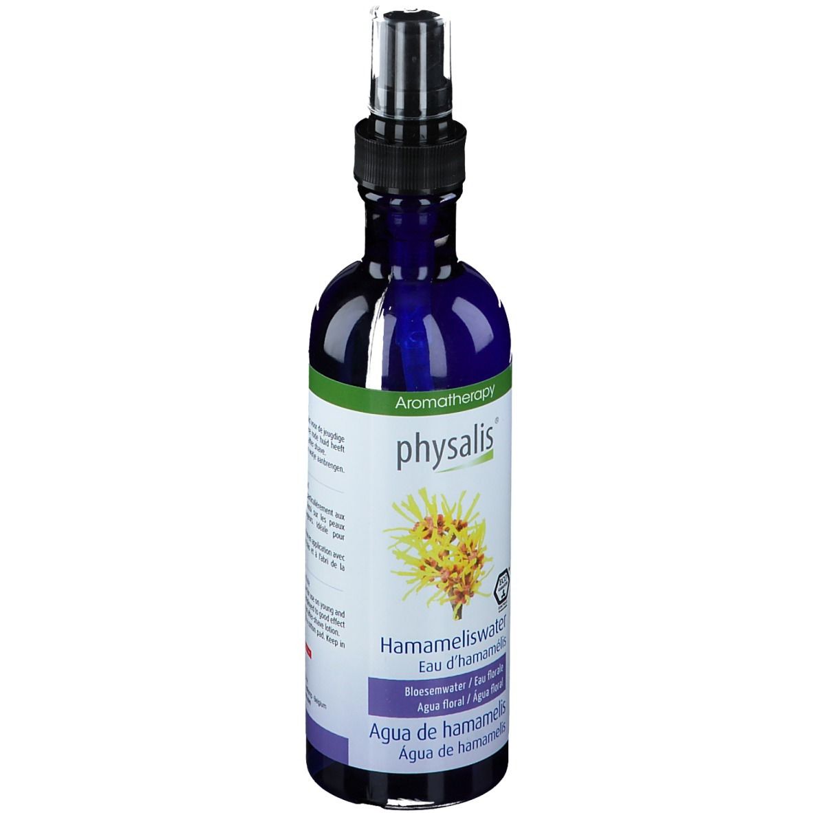 Blauwe fles met verstuiver. Opschrift: physalis, Hamameliswater, Bio-certificering.