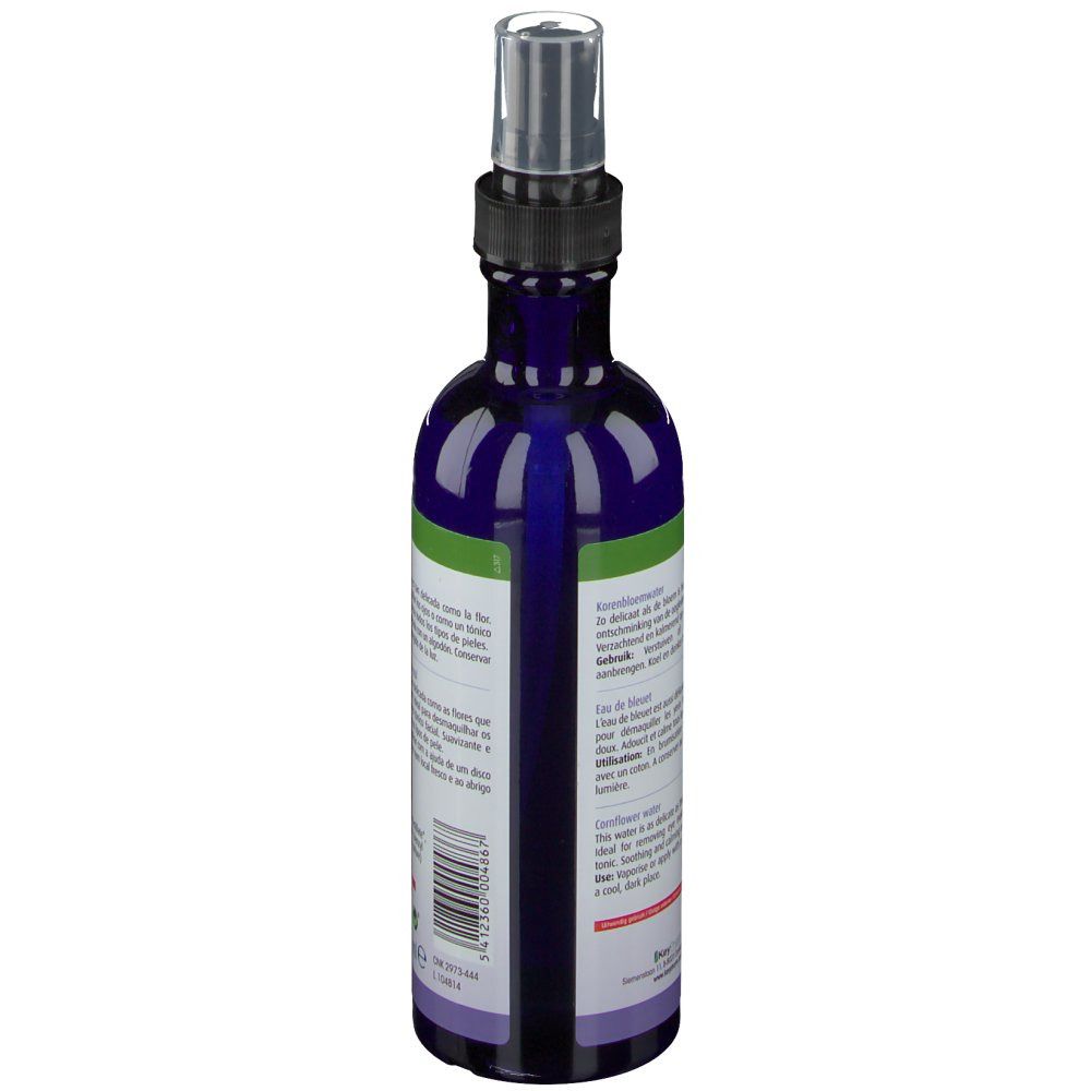 Dos d'une bouteille bleue avec vaporisateur. Texte multilingue. Code-barres.