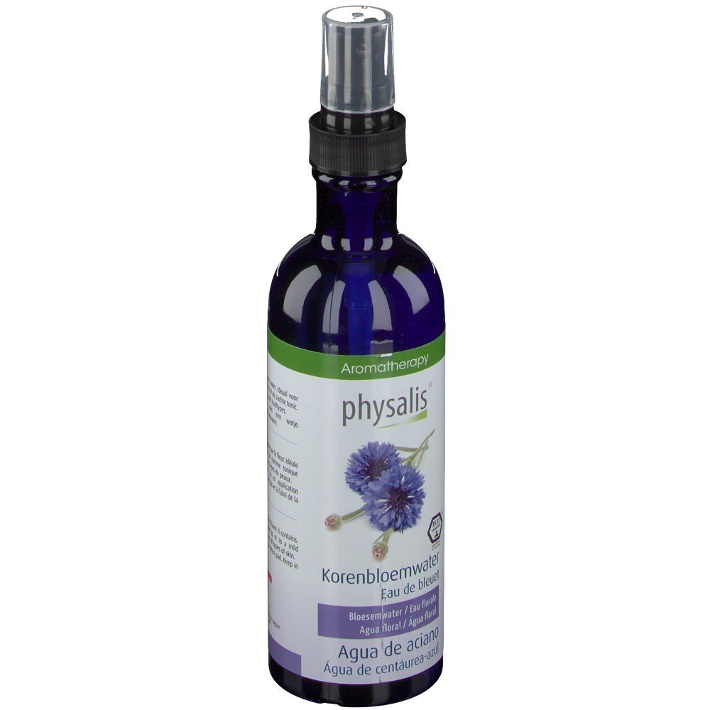 Flacon bleu avec vaporisateur. Inscription : physalis, Eau de bleuet, Korenbloemwater, Agua de aciano.