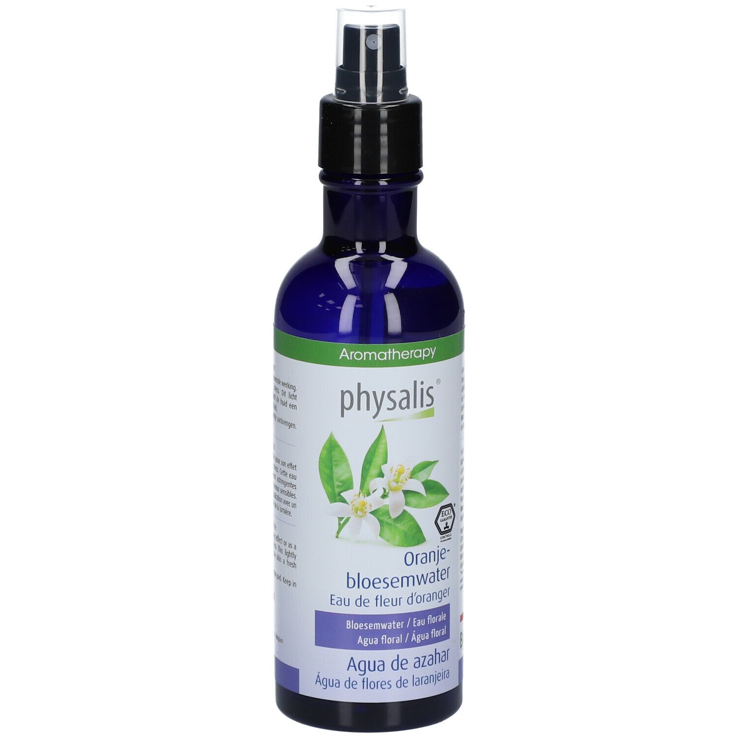 Blauwe fles met verstuiver. Opschrift: physalis, Oranje bloesemwater. Met Bio-label.