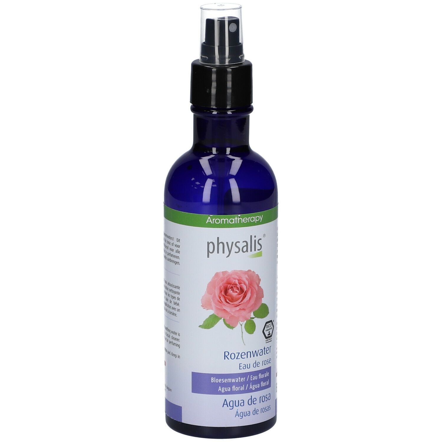 Flacon bleu avec vaporisateur. Inscription : physalis, Eau de rose. Illustration d'une rose.
