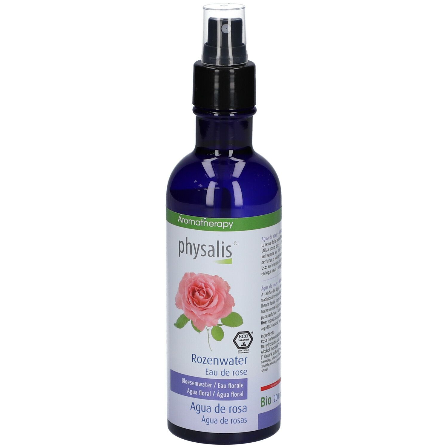Flacon bleu avec vaporisateur. Inscription : physalis, Eau de rose. Certification bio.