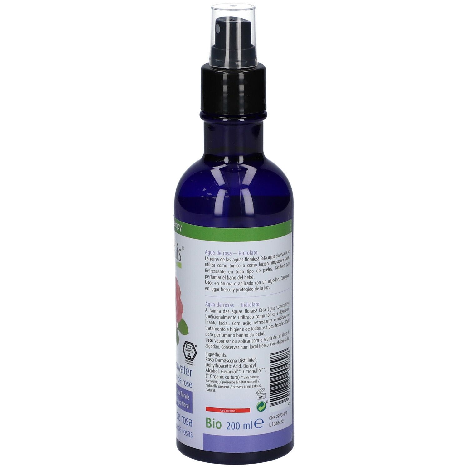 Dos du flacon bleu. Texte multilingue. Certification bio. Volume : 200 ml.