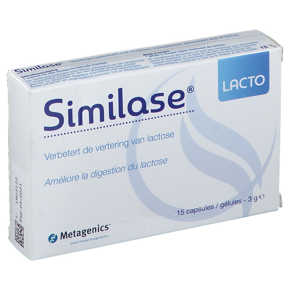 Boîte de Similase Lacto. Inscription: Améliore la digestion du lactose. 15 gélules. Marque: Metagenics.
