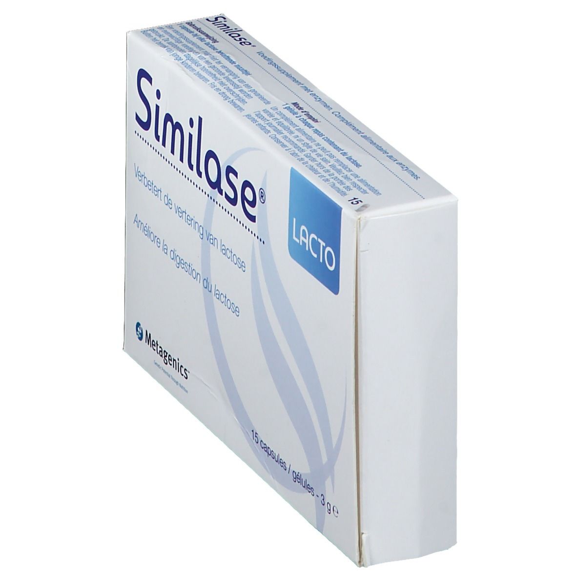 Boîte Similase Lacto en biais. Inscription: Améliore la digestion du lactose. 15 gélules. Marque: Metagenics.