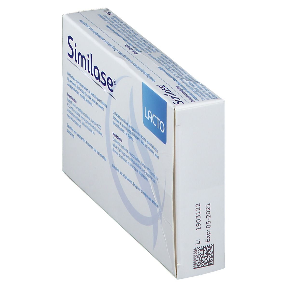 Boîte Similase Lacto en biais. Inscription: Améliore la digestion du lactose. 15 gélules. Marque: Metagenics.