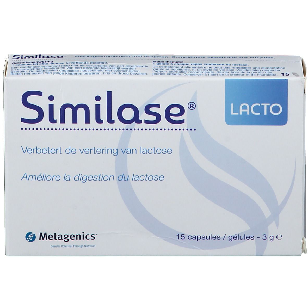 Boîte de Similase Lacto. Inscription: Améliore la digestion du lactose. 15 gélules. Marque: Metagenics.