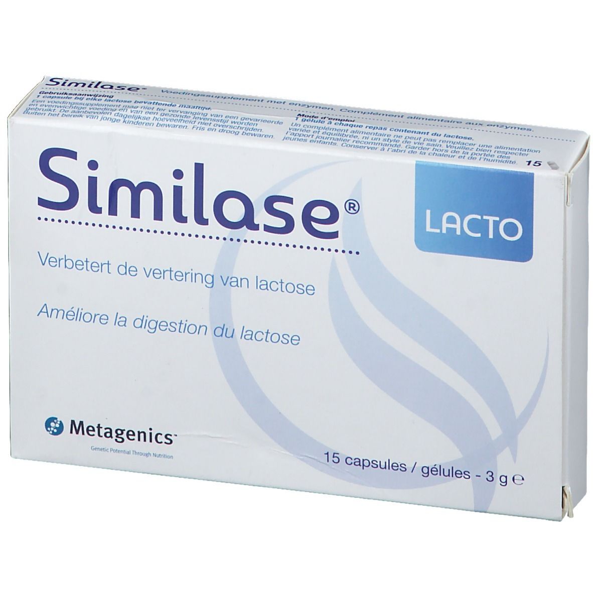 Boîte de Similase Lacto. Inscription: Améliore la digestion du lactose. 15 gélules. Marque: Metagenics.