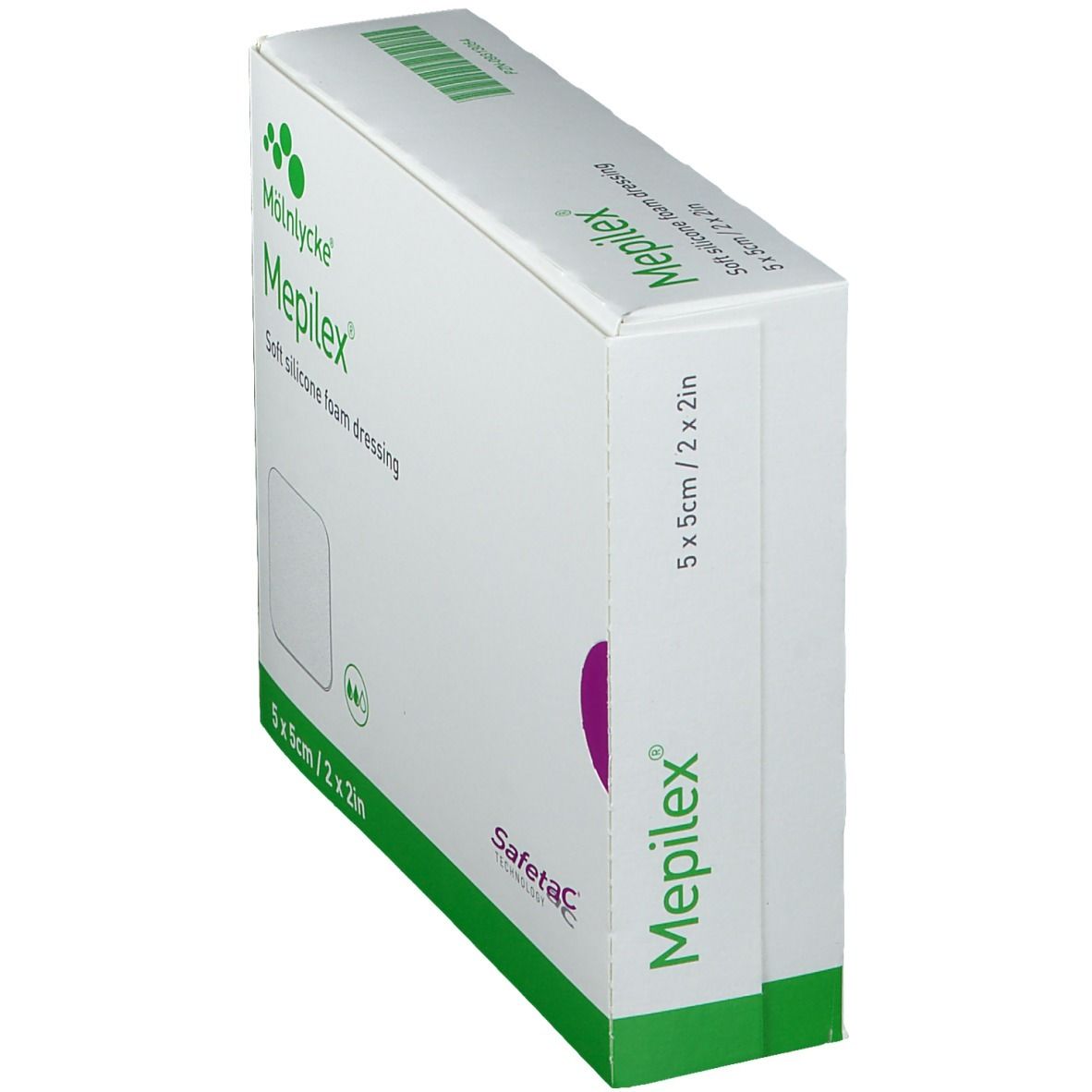Boîte Mepilex 5 x 5 cm, vue d'angle. Boîte blanche et verte avec informations et logo.