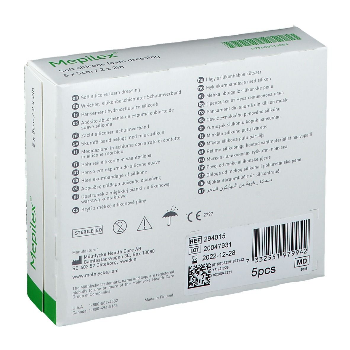 Dos de la boîte Mepilex 5 x 5 cm. Informations produit, numéro de lot, fabricant et certification.