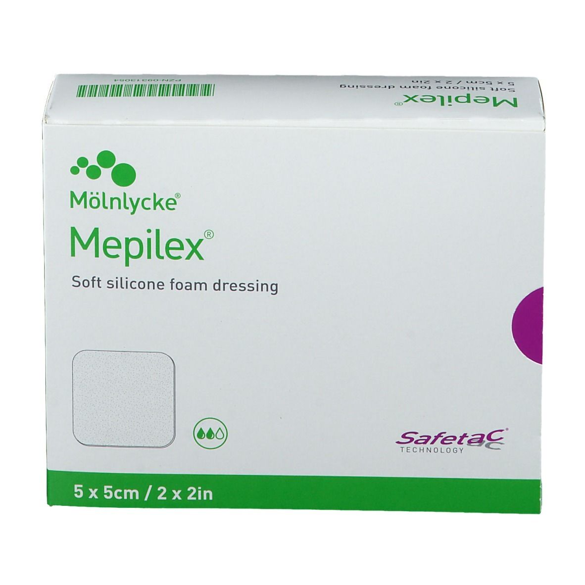Boîte Mepilex 5 x 5 cm. Pansement en mousse de silicone souple. Boîte blanche et verte avec informations et logo.
