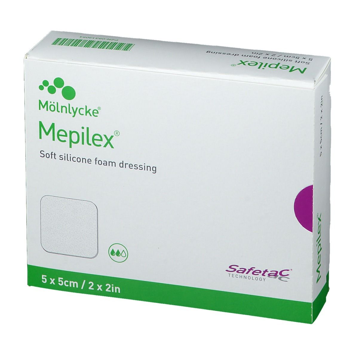 Boîte Mepilex 5 x 5 cm. Pansement en mousse de silicone souple. Boîte blanche et verte avec informations et logo.