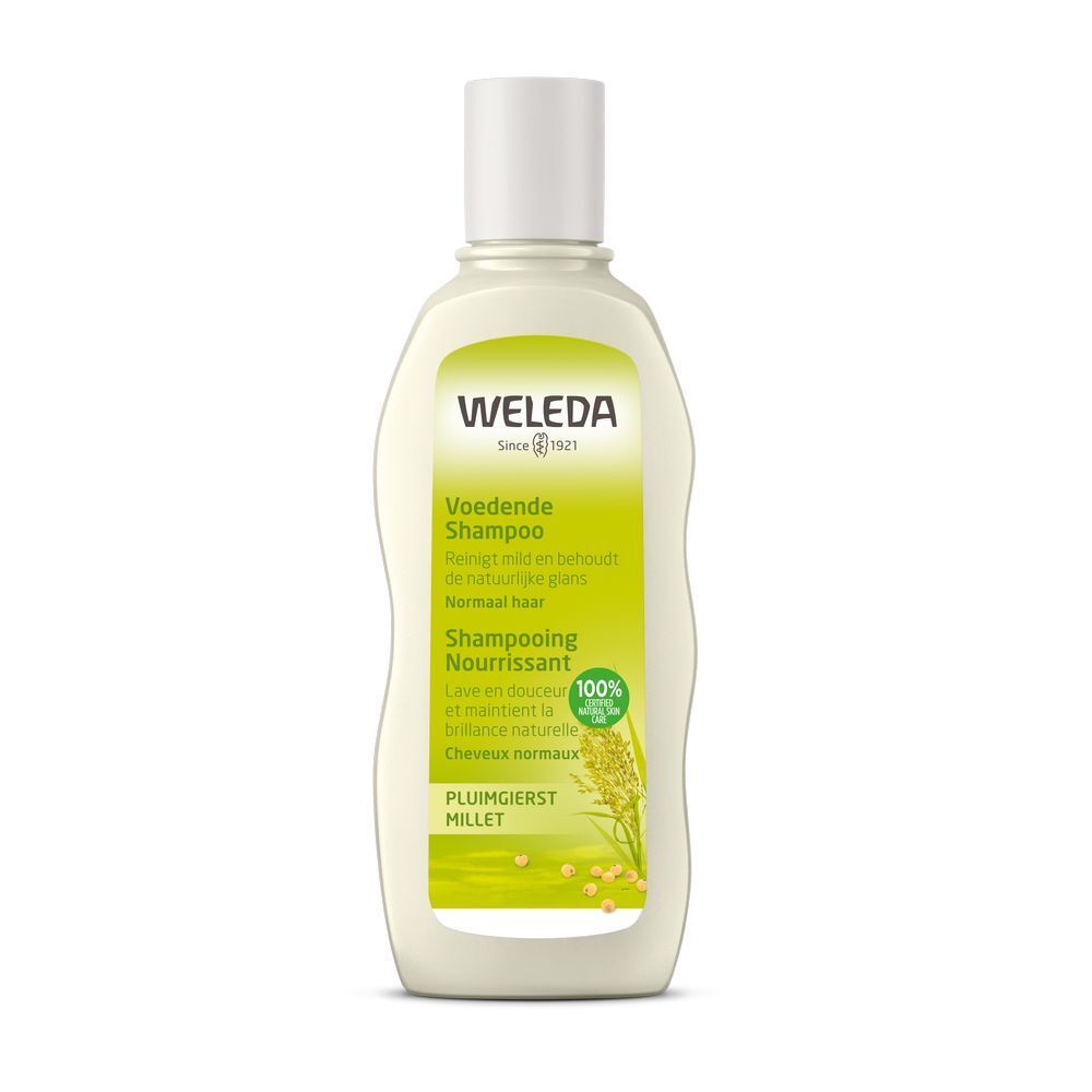 Weleda Shampooing Doux au Millet Flasche. Weißer Deckel, grüne Etikett mit Text. Aufschrift: Voedende Shampoo, Shampooing Nourrissant.