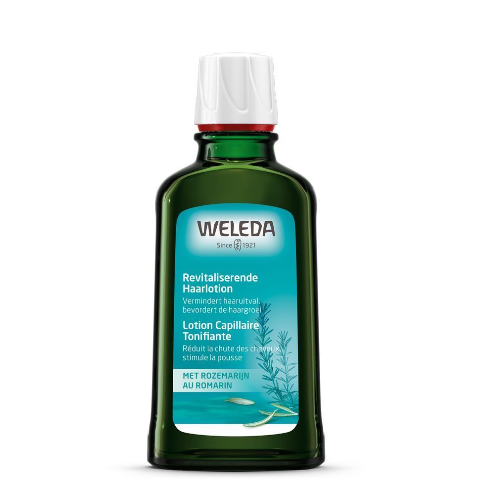 Flacon vert avec bouchon blanc. Étiquette avec nom et texte du produit. Marque : Weleda.