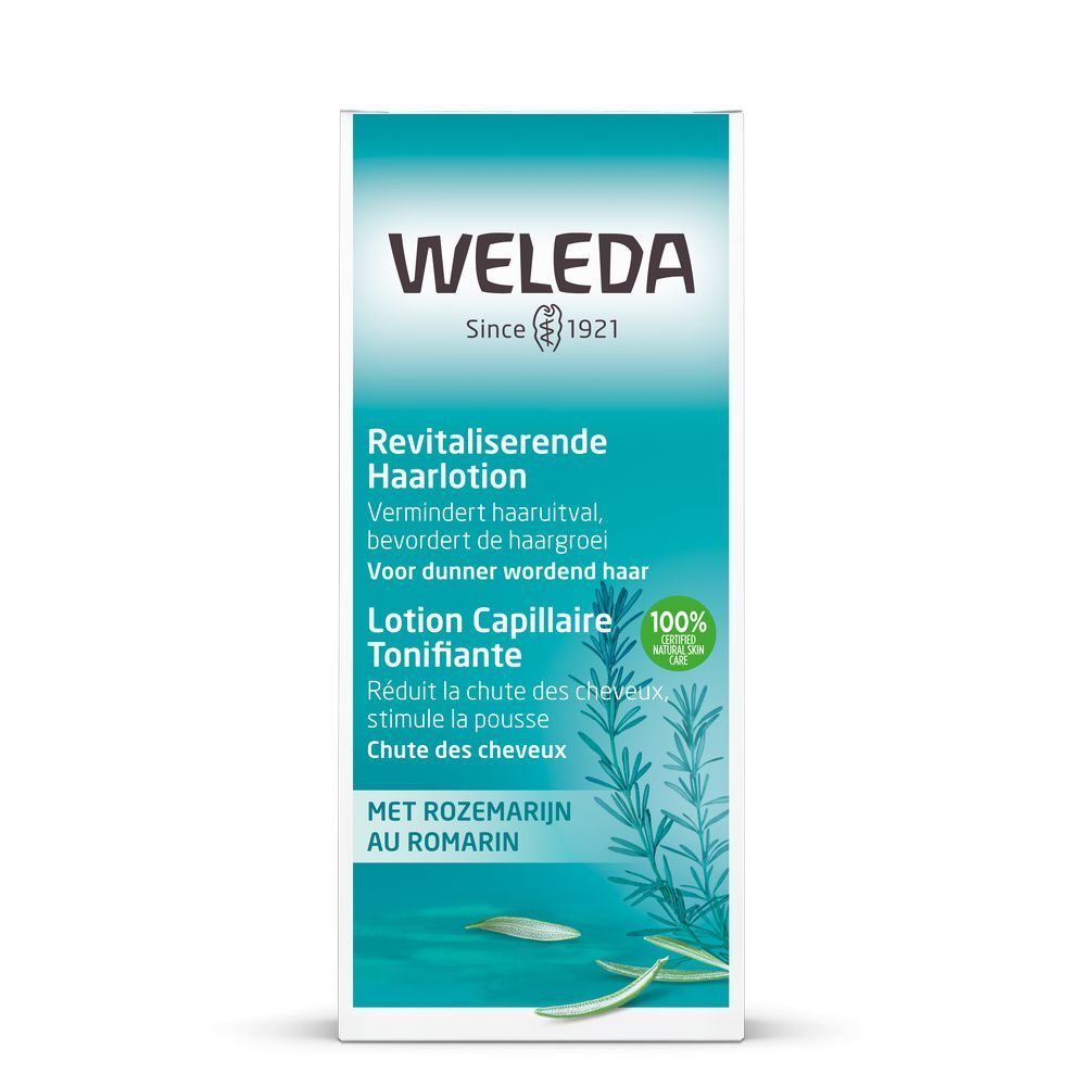 Emballage du produit avec nom et texte. Marque : Weleda. Au romarin.