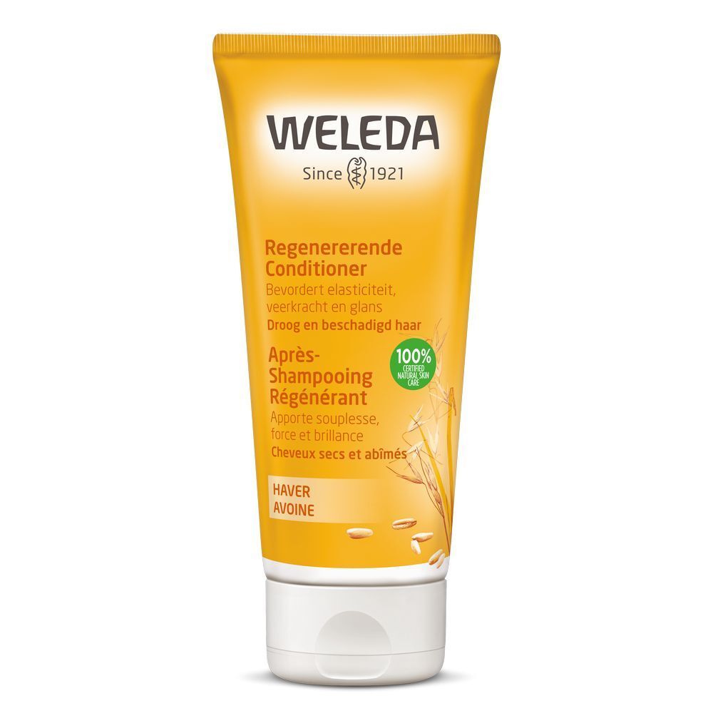 Gele tube met "WELEDA"-logo. Tekst: "Regenererende Conditioner". Bevat haver. 100% natuurlijke ingrediënten.