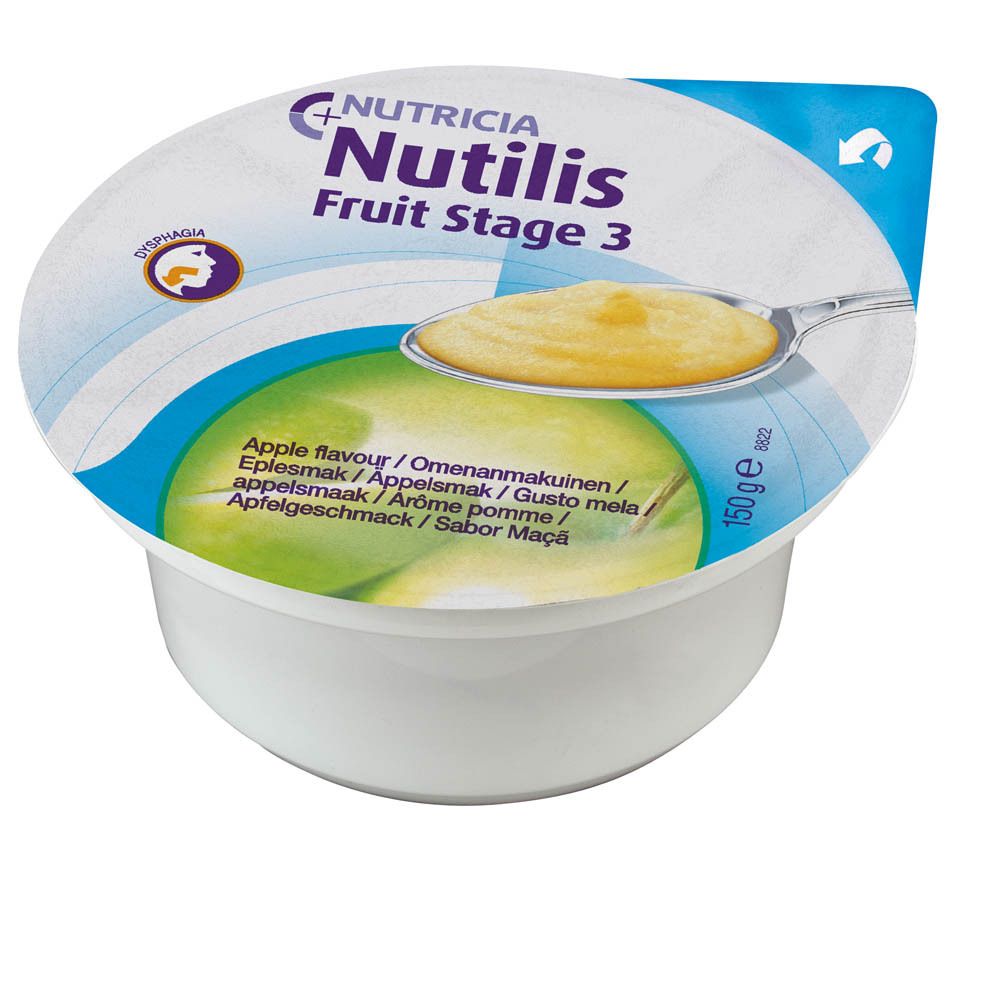 Pot de Nutricia Nutilis Fruit Stage 3 Apfelgeschmack. Couvercle avec produit et cuillère. Inscription: Nutricia Nutilis Fruit Stage 3, goût pomme.