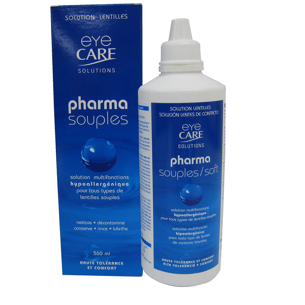 Blaue Verpackung und weiße Flasche. Lösung für Kontaktlinsen. Aufschrift: Eye Care Solutions Pharma souples/soft. 360 ml.