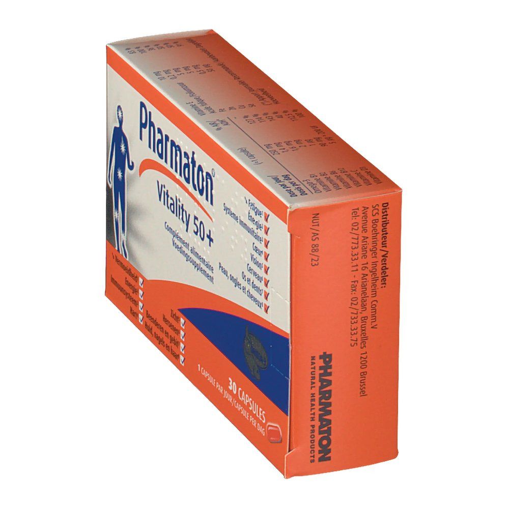 Boîte Pharmaton Vitality 50+ en perspective. Design orange et blanc. Inscriptions : Vitalité, Complément alimentaire, 30 capsules.