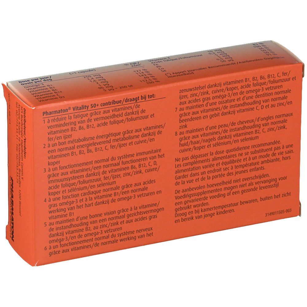 Dos de la boîte Pharmaton Vitality 50+. Informations textuelles multilingues. Fond orange.