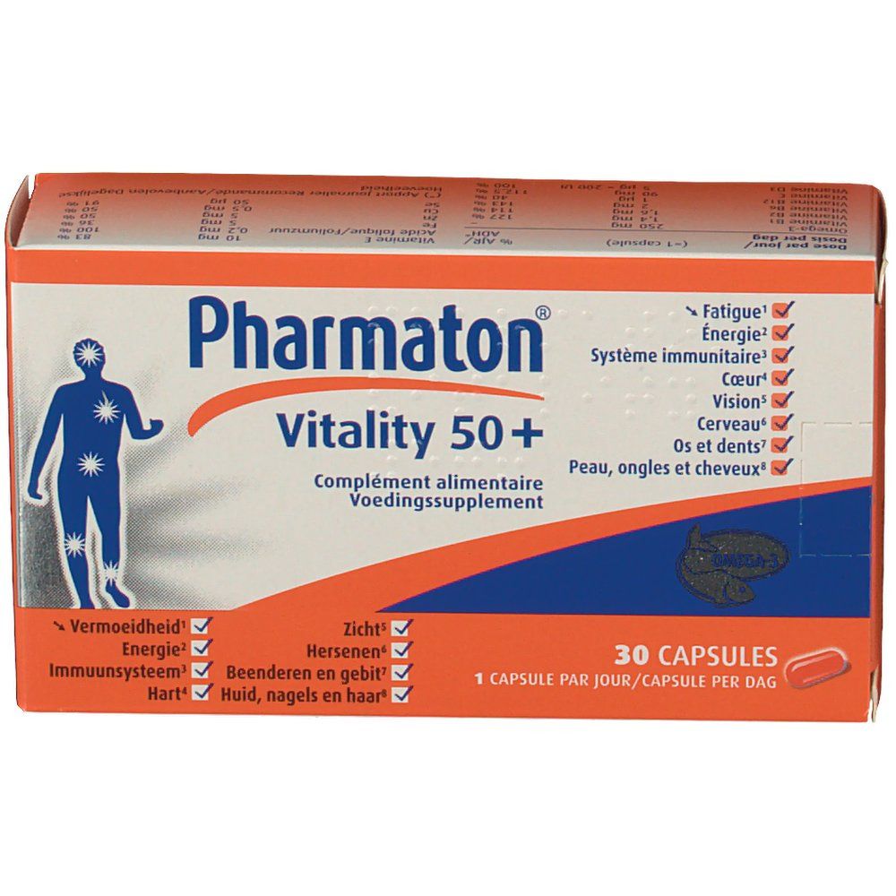 Boîte de Pharmaton Vitality 50+. Contient 30 capsules. Inscriptions : Fatigue, Énergie, Système immunitaire, Cœur, Vision, Cerveau, Peau, ongles, cheveux.